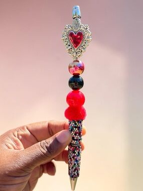 Handmade Beaded Heart Pen with Red Accents